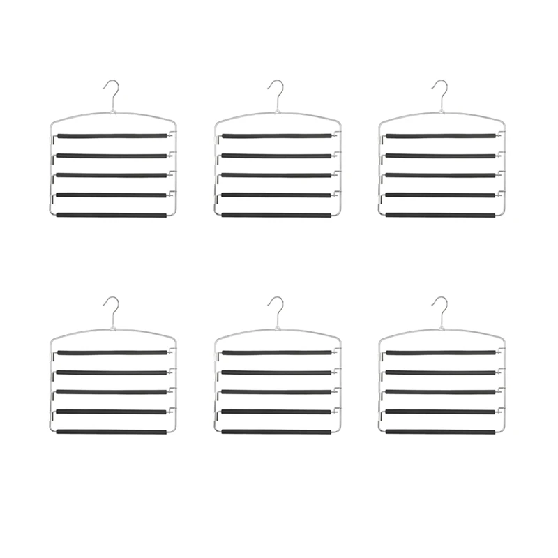 

6X Pants Hangers 5 Layers Metal Slack Magic Hangers Non-Slip Foam Padded Swing Arm Space Saving Hanger