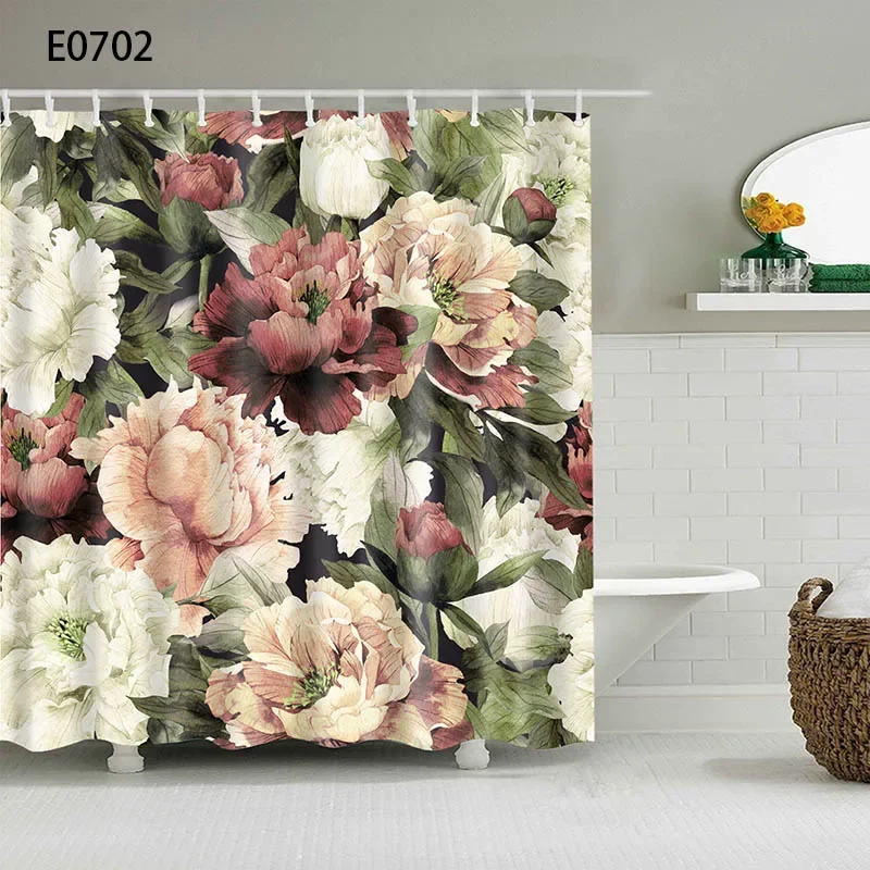 3D Çiçekler Desen Duş Perdeleri Vintage Banyo Perdesi Kanca Ile Polyester Kumaş Kumaş Baskı Perde Banyo için cortinas