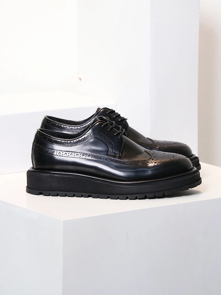 Mens Wing Tip Brogue Shoes Business Height Increasing Thick Platform Cowhide Genuine Leather Formal Shoes Bright Work Dress