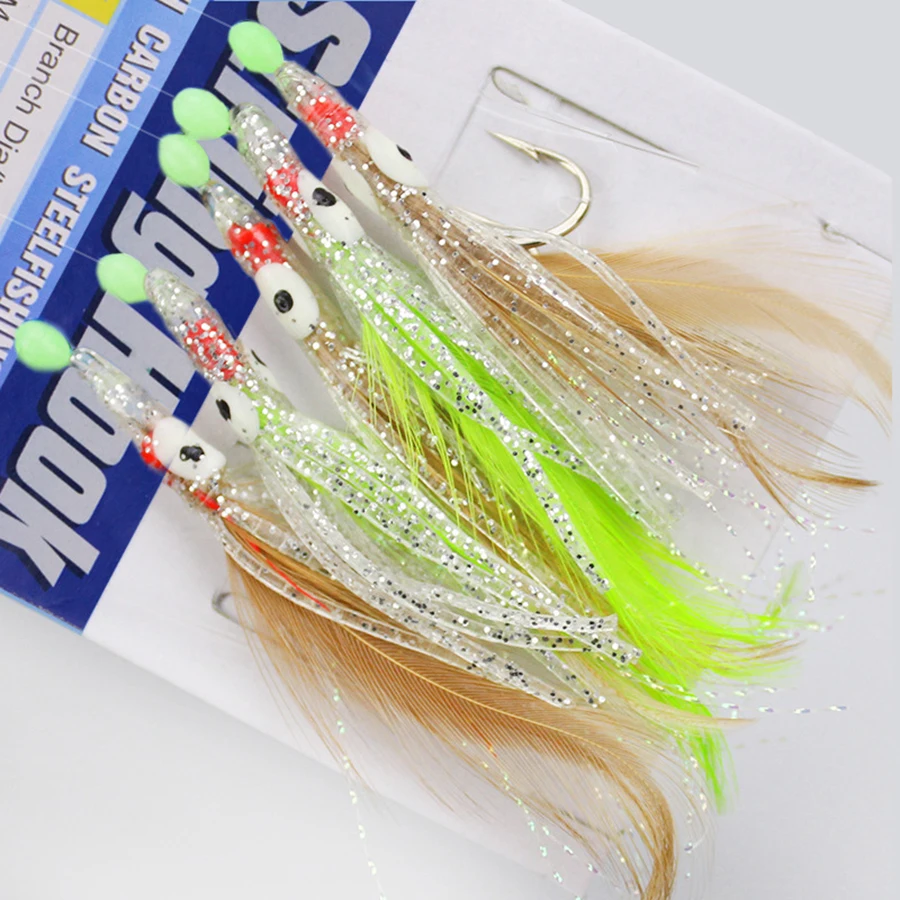 Sabiki Fishing Rig With Glow In Dark Shrimp Design, Sharp Hooks, Snap And Swivel Attachments For Mail Line And Sinker, Size 14 Hook