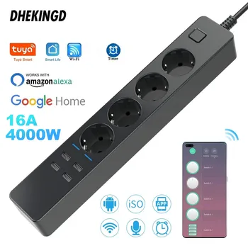 와이파이 스마트 멀티탭, 4EU 4USB 콘센트 플러그, 5V3.1A 충전 포트, 타이밍 블루투스 제어, 알렉사 구글 홈 어시스턴트