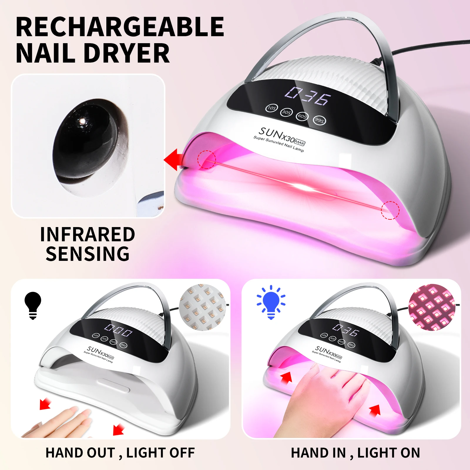 전문가용 90 LED UV 네일 램프, 젤 네일 폴리쉬용, 4가지 타이머 설정, HD 디스플레이 화면, 자동 센서 네일 건조기