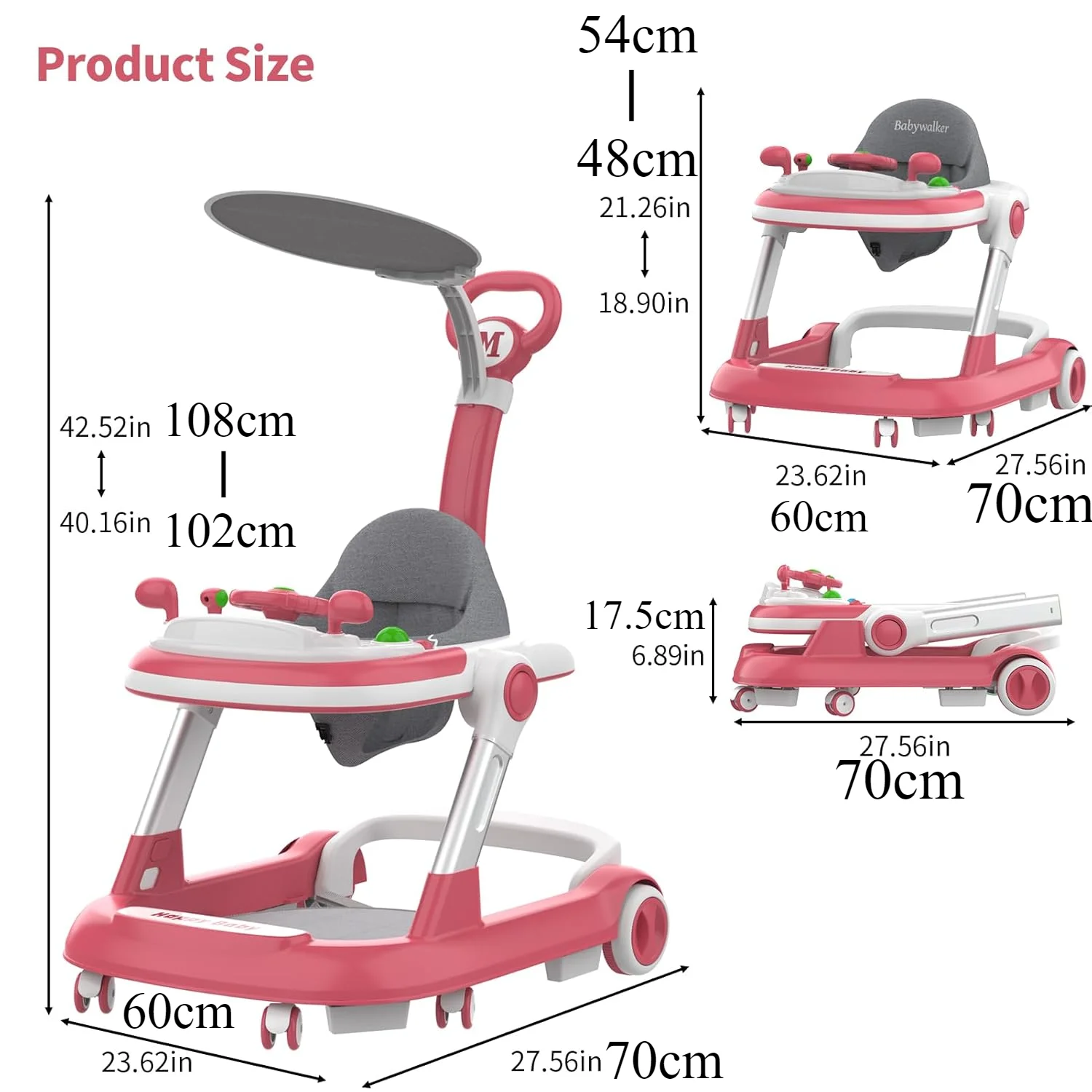Baby Stroller 4 in 1 Foldable with Removable Toy Plate Music Light Height Adjustable Canopy