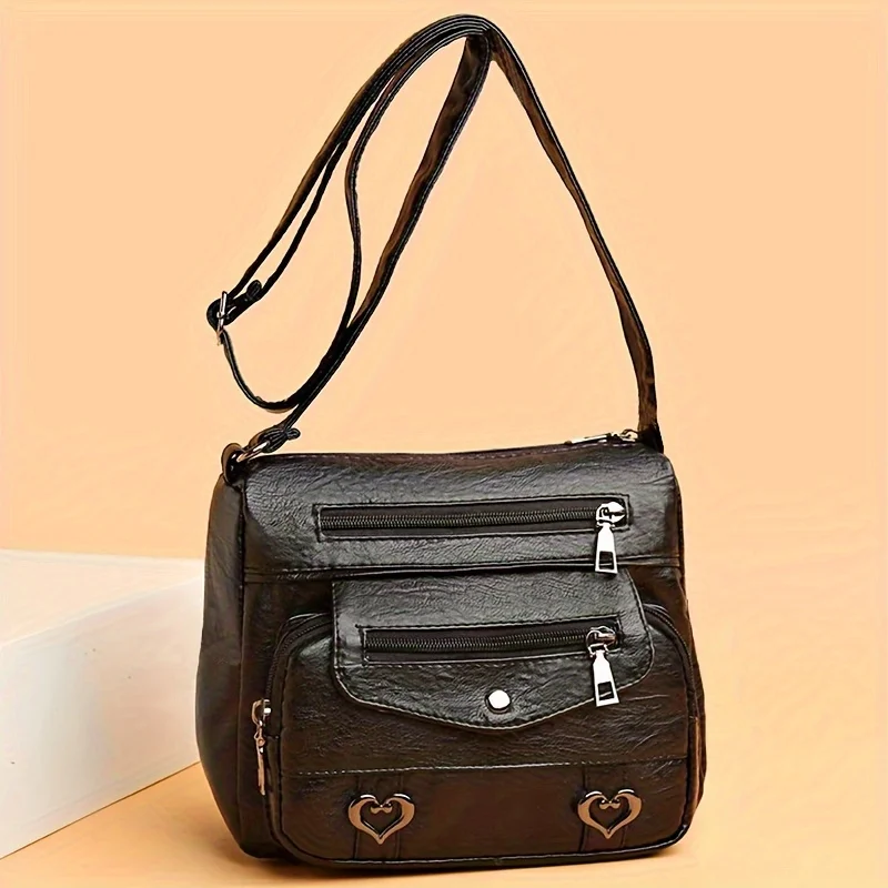 Women's Brown Black Pu Leather Shoulder Messenger Bag with Heart and Tassel Embellishments - Adjustable Strap, Zipper Closure