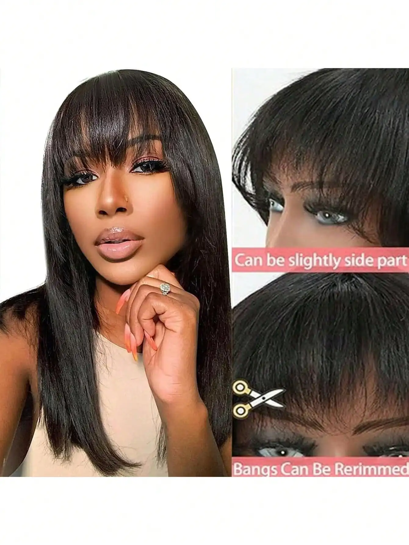 Bangs 4x4 Lace Closure Human Hair Straight Wigs Human Hair Pre Plucked with Baby Hair Unprocessed Virgin Wig 220%