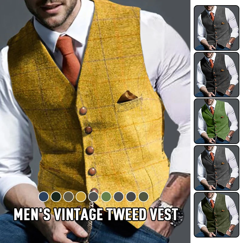 FashionMensVestsLapelTweedPlaidVneckWaistcoatSlimFitVest