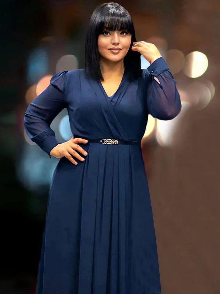 

Elegant Women Long Sleeve Chiffon Dresses Dubai Muslim Kaftan Abayas African Wedding Party Maxi Dress V-neck Robe Clothing