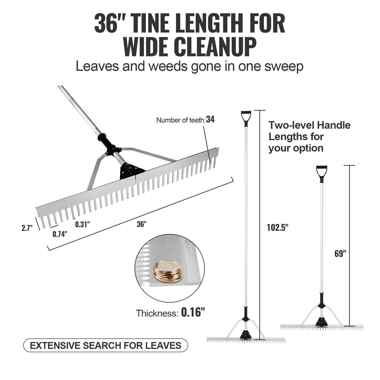 VEVOR Landscape Rake 36" Landscape Rake Lake Weed Rake w/102.36" Adjustable Extension for Loosening Soil/Lawn Care/Weeding Lake 3