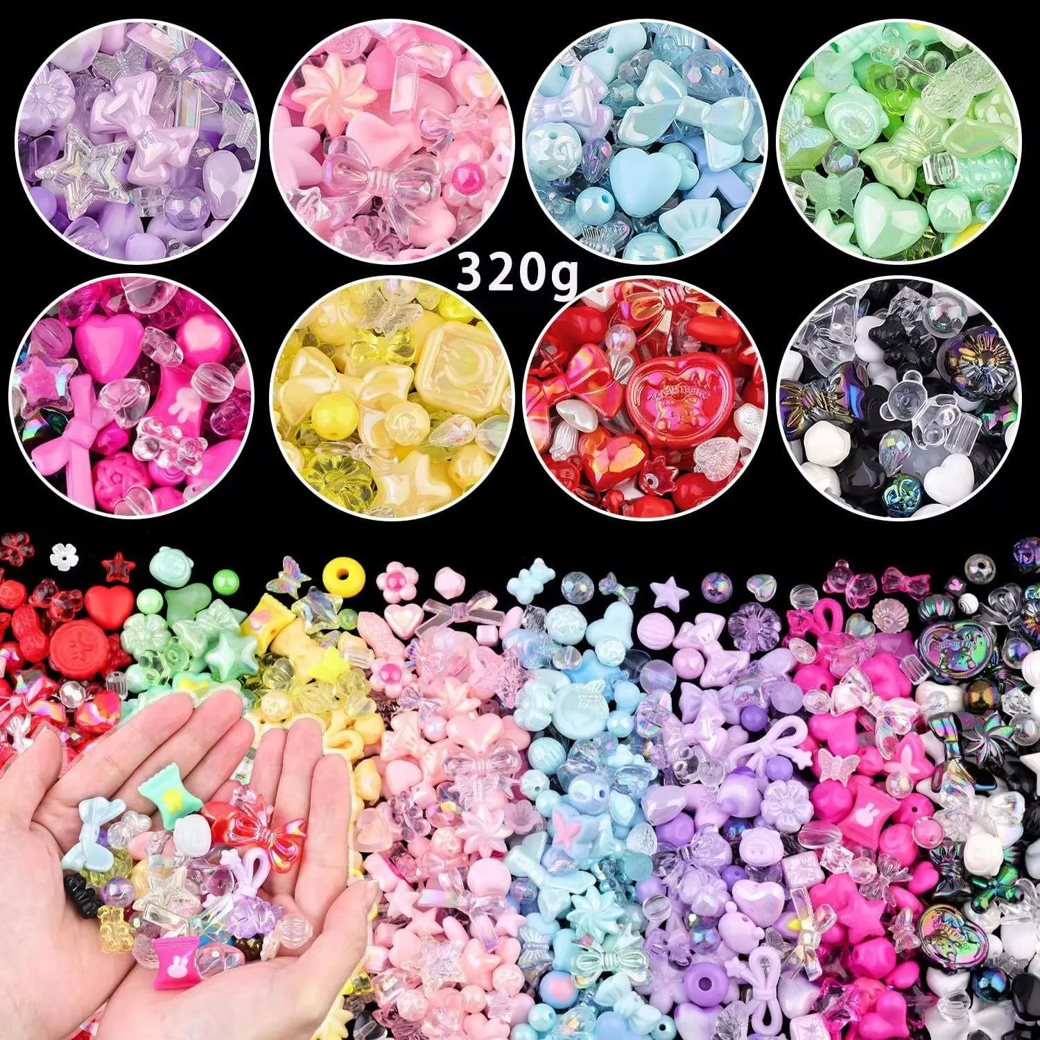 100g De Perles Acryliques Vertes – Formes Fleur, Papillon, Feuille, Nœud – Pour Création