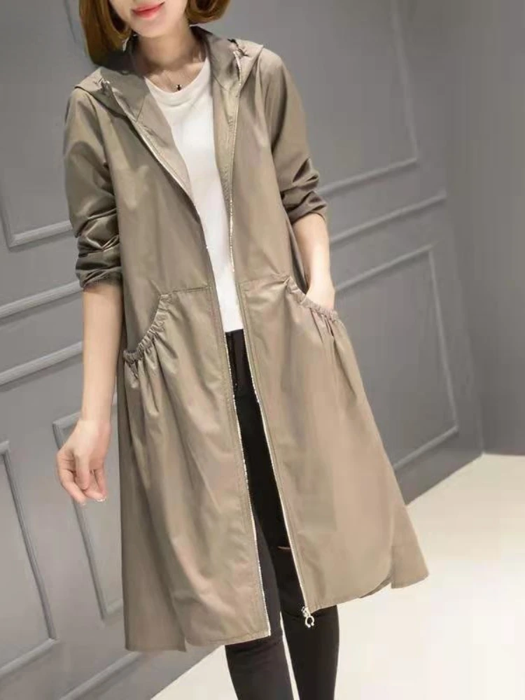 

2023 Spring And Summer Women's Jacket Mid-Length Hooded Trench Coat Korean Loose Slimming Thin Overcoat Women Fashion Windbreak