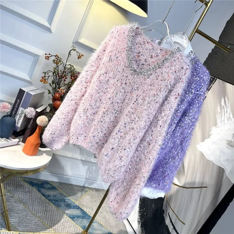 

Diamond Bead V-Neck Women Mohair Sweater Colorful Polka Dot Wool Knit Pullover Winter Autumn Luxury Brand Soft Warm Jumper