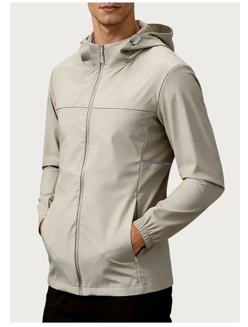 Outdoor-Softshell-Jacke mit Reißverschluss und Kapuze, neue wasserdichte Jacke für Herren, Windjacke, Frühlings- und Herbstmäntel, Wandern, Camping, leichte Jacke – Detail 6