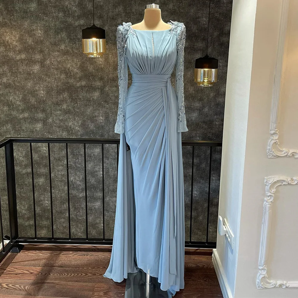 Mother Bride Dresses Women Party Dresses Elegant Wedding Guest Gowns for Women Light Sky Blue Chiffon Mother of the Bride Dress Long Sleeves Beaded Split Celebrity Dress