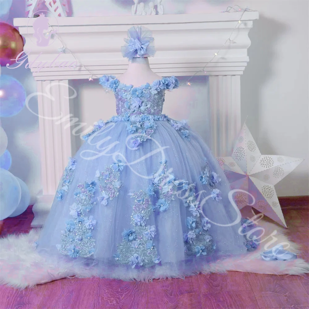 Pink Applique Flower Girl Dress For Wedding Tulle Elegant Floor Length Puffy Baby Kids Birthday Party First Communion Ball Gown 5