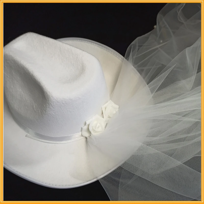 Women Bride Cowgirl Hat Wide Brim Bridal Western Style Shinning White Fedora Hat for Wedding Party Photoshoot Supplies