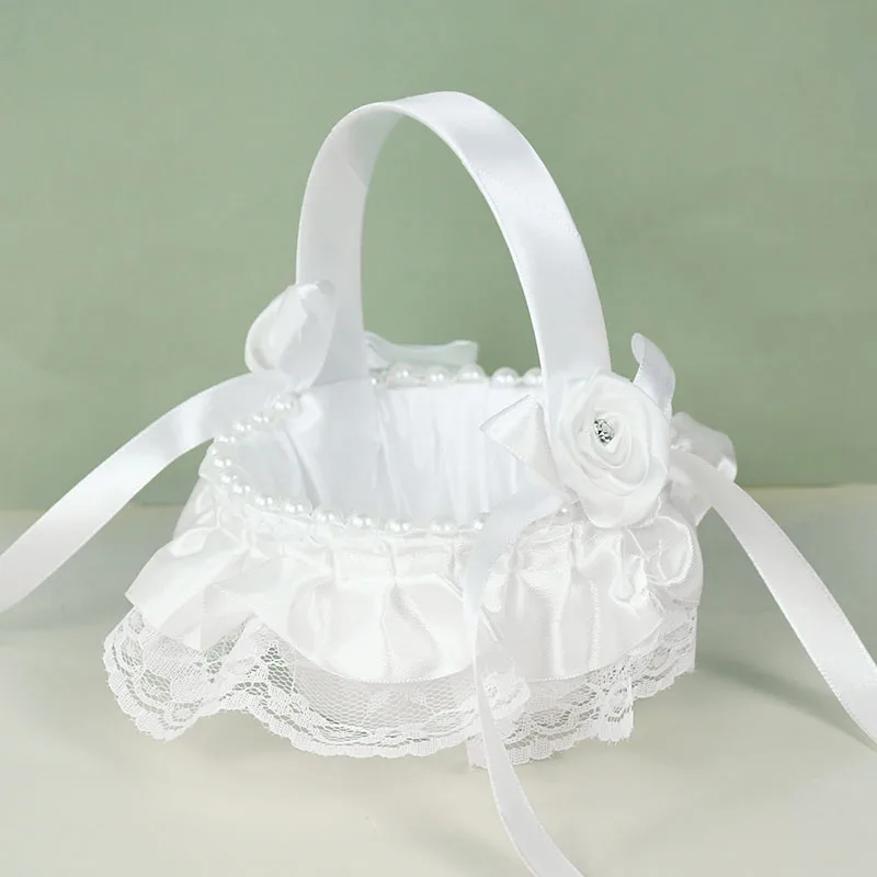 White Flower Girl Baskets Wedding Decorations Pearl Flower Basket for
