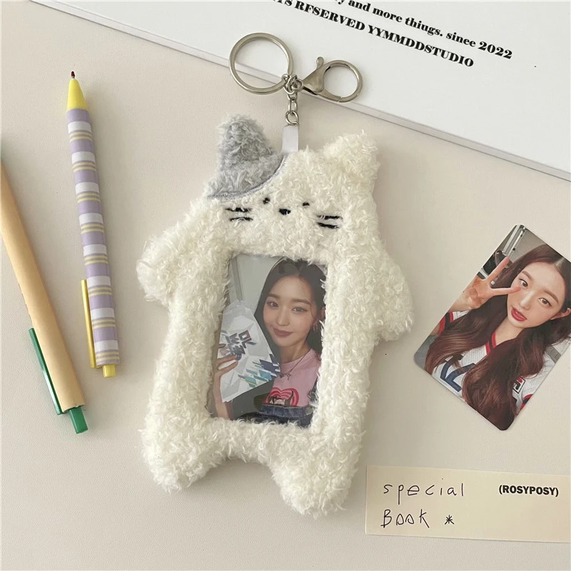 INS Cute Cat Rabbit Plush Photocard Holder Kpop Idol Photo Sleeve Protective Case Student ID Card Cover With Keychain Pendant