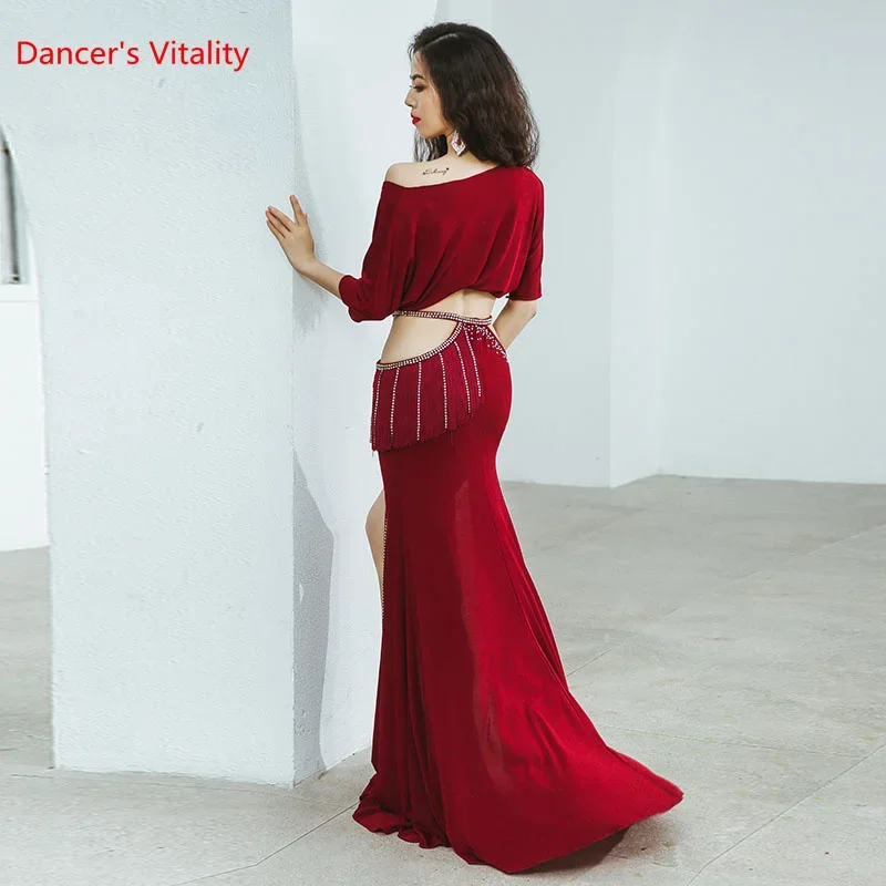 여성용 밸리 댄스 반팔 탑 + 스판덱스 스커트, 오리엔탈 댄스 의상, 인도 드레스 스커트 착용, 2 개