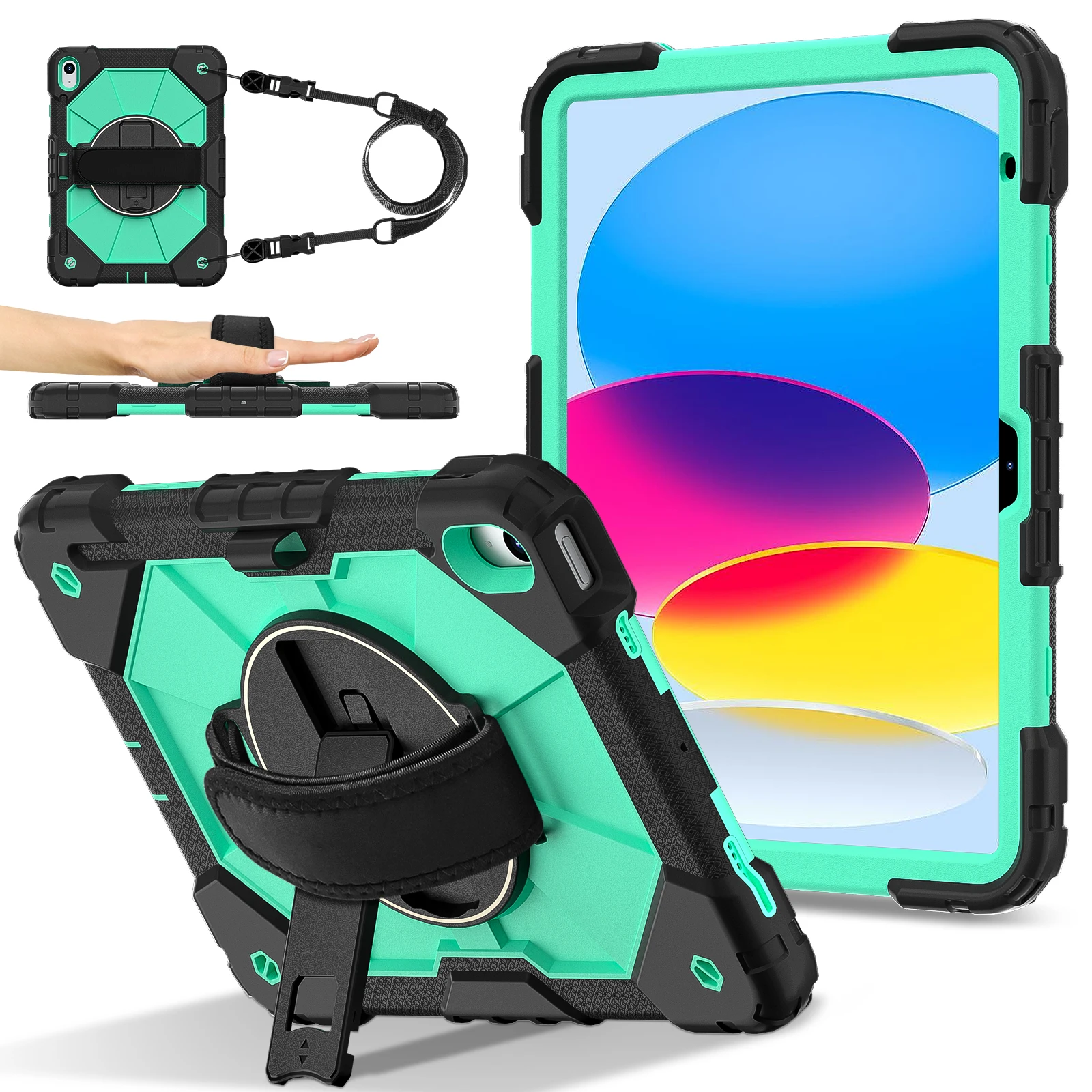 360 Rotatable Universal Protective Case for Tablets with Hand and Shoulder Strap - 3-Layer Hybrid Cover, 11-Inch