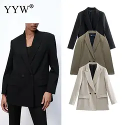 Mulheres blazer duplo breasted primavera jaqueta 2022 bolsos casuais feminino cor sólida ternos casaco senhoras escritório gola profunda elegante