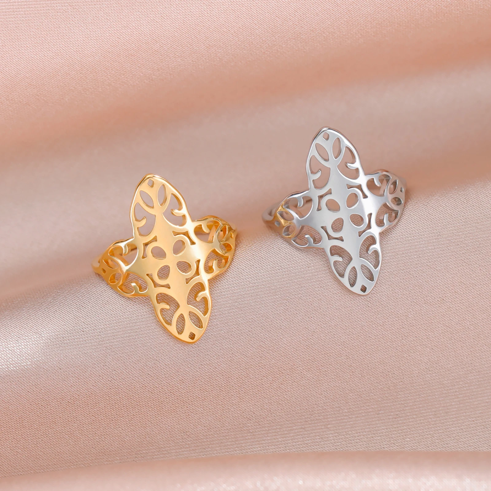 Elegant Gold-Tone Stainless Steel Filigree Ring - Bohemian Jewelry Wedding Band Gift