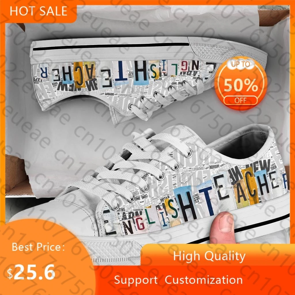 

BKQU License Plate English Teacher Spring Autumn Women Low Top Canvas Shoes For Students Woman Casual Walking Canvas Sneakers