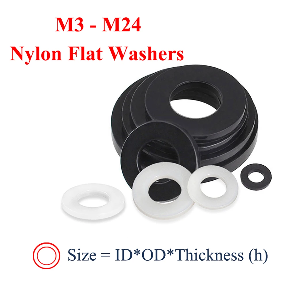 

Nylon Flat Washers Plane Spacer M3 M4 M5 M6 M8 M10 M12 M14 M16-M24 Black/White Plastic Insulation Sealing Gasket for Screw Bolts