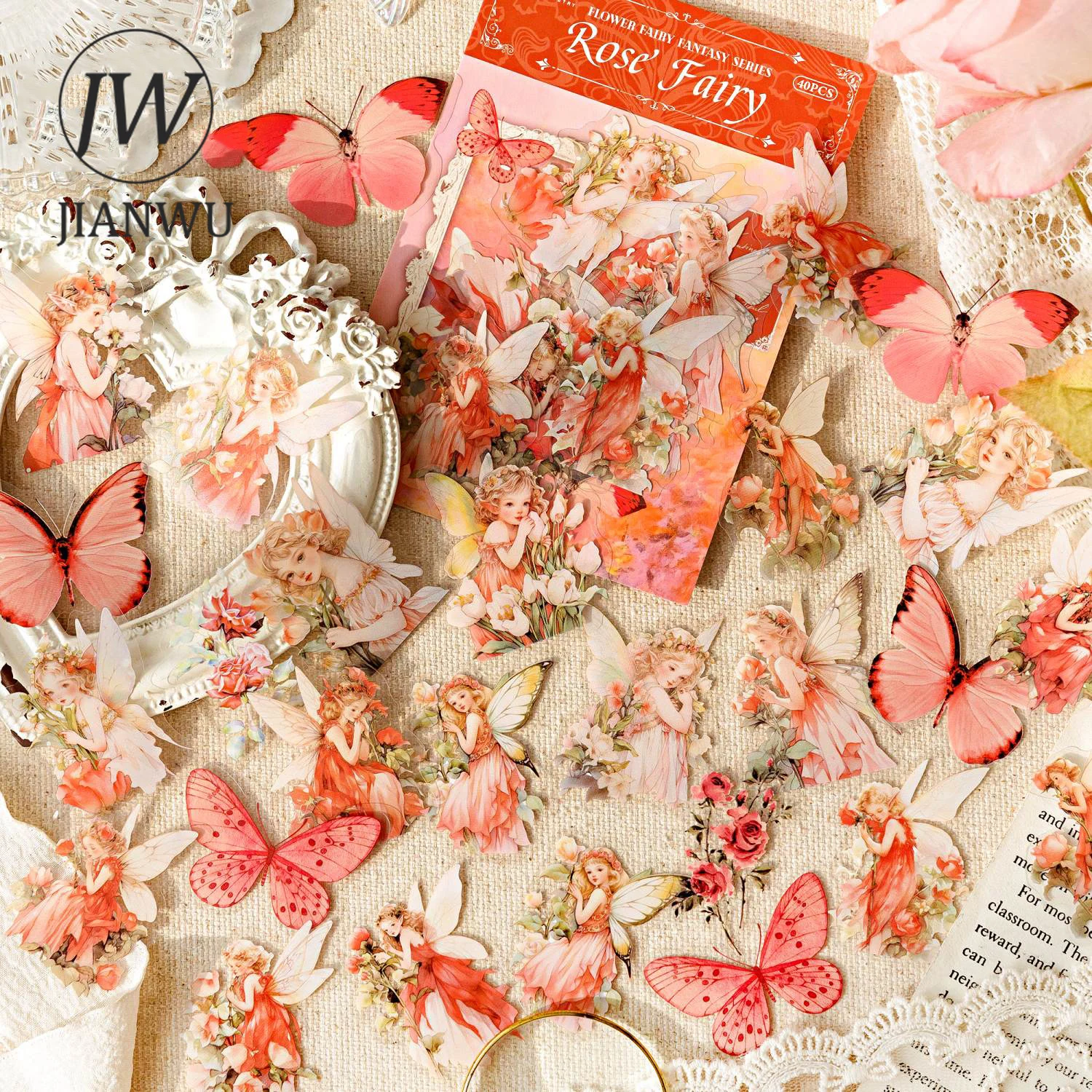 

JIANWU 40Sheets Flower Fairy Fantasy Series Vintage Butterfly Material Decor PET Sticker Creative DIY Journal Collage Stationery