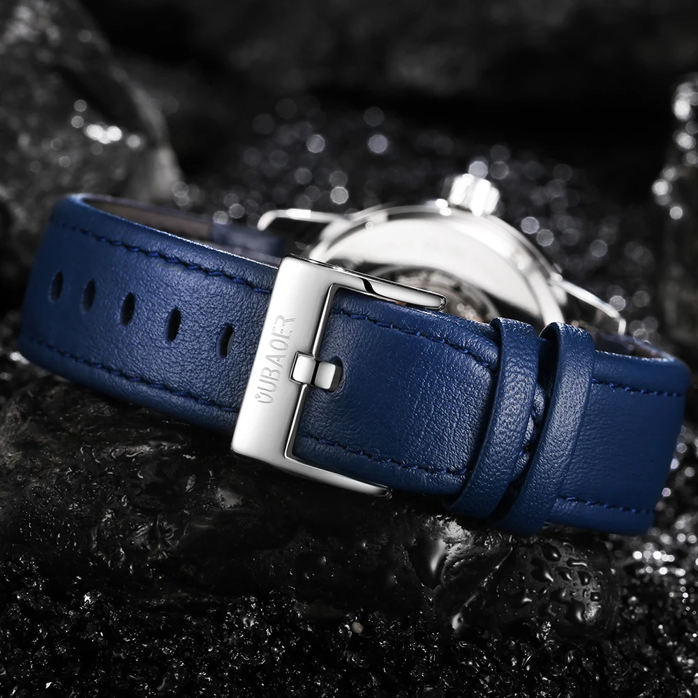 Mens Watches Mechanical Automatic Tourbillon Self Winding Blue Leather Sport skeleton Wristwatches mechanical watch