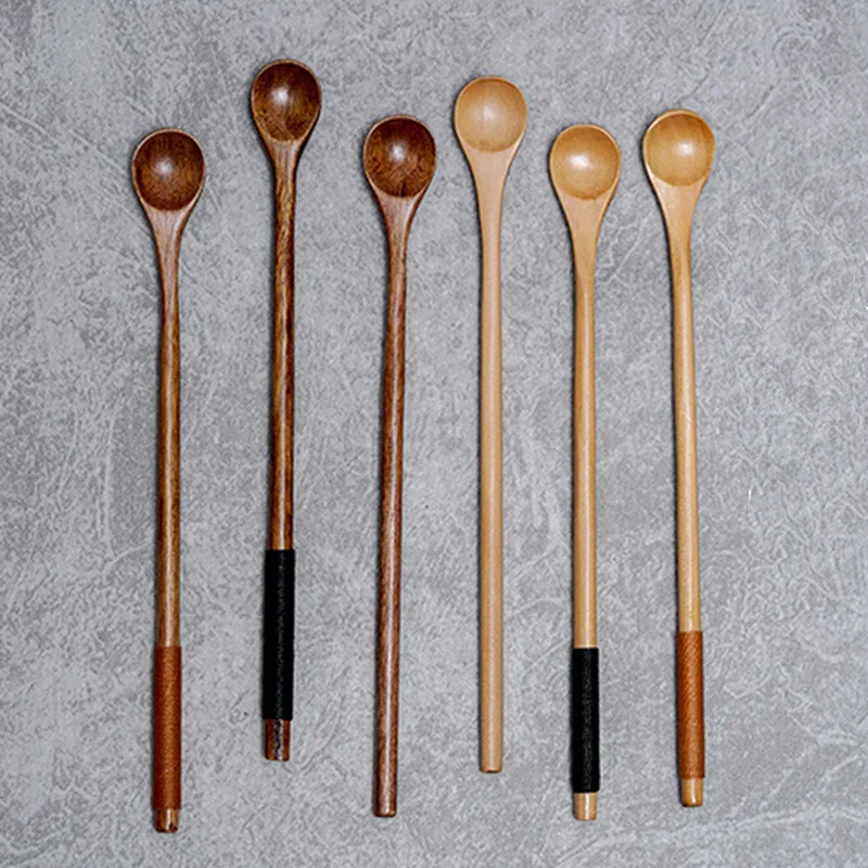 

Natural Wooden Spoon Long Handle Coffee Stirring Spoon Tea Scoop Ice Cream Sugar Honey Dessert Spoons Kitchen Cooking Tools