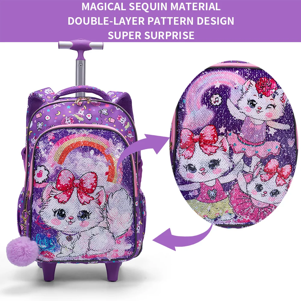 3PCS Set Rolling Backpack For Girls, Cute Cartoon Cat Sequin Design Wheeled Bags With Lunch Box And Pen Bag-Pink And Purple 4