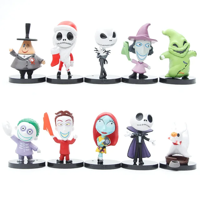 10 Pieces / Set Cartoon The Nightmare Sally Skellington Jack Action Figure Toy Christmas PVC Model Vinyl Figurine Halloween Gift