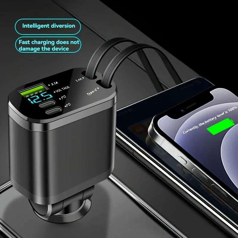 Car Charger, Car Charger with Retractable Cable, Car Pd, Car Fast Charging, Super Fast Charging, Flash Charging