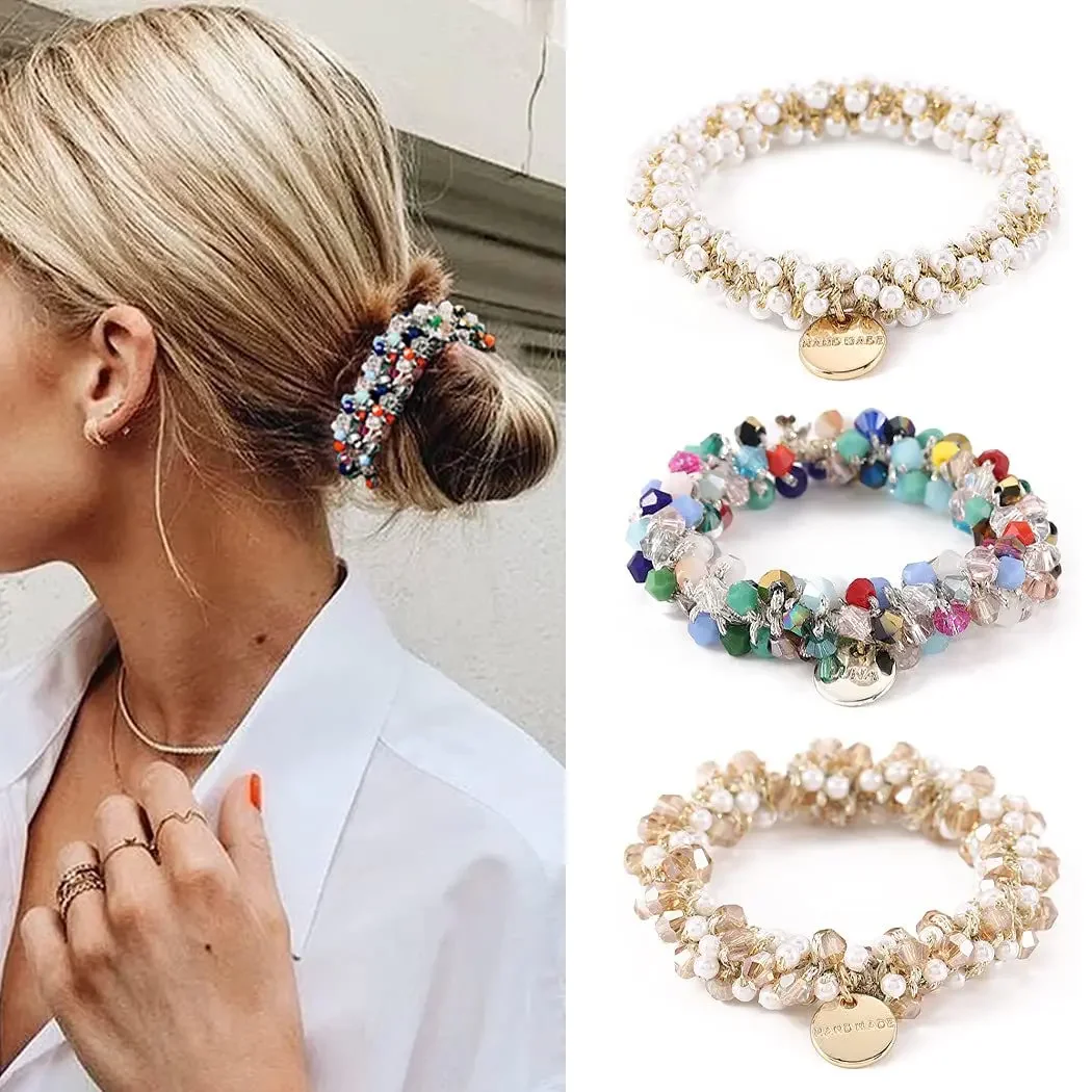 

1pc Women Crystal Pearls Hair Rope Handmade Elastic Beaded Ponytail Holders For Women And Girls Hair Accessories