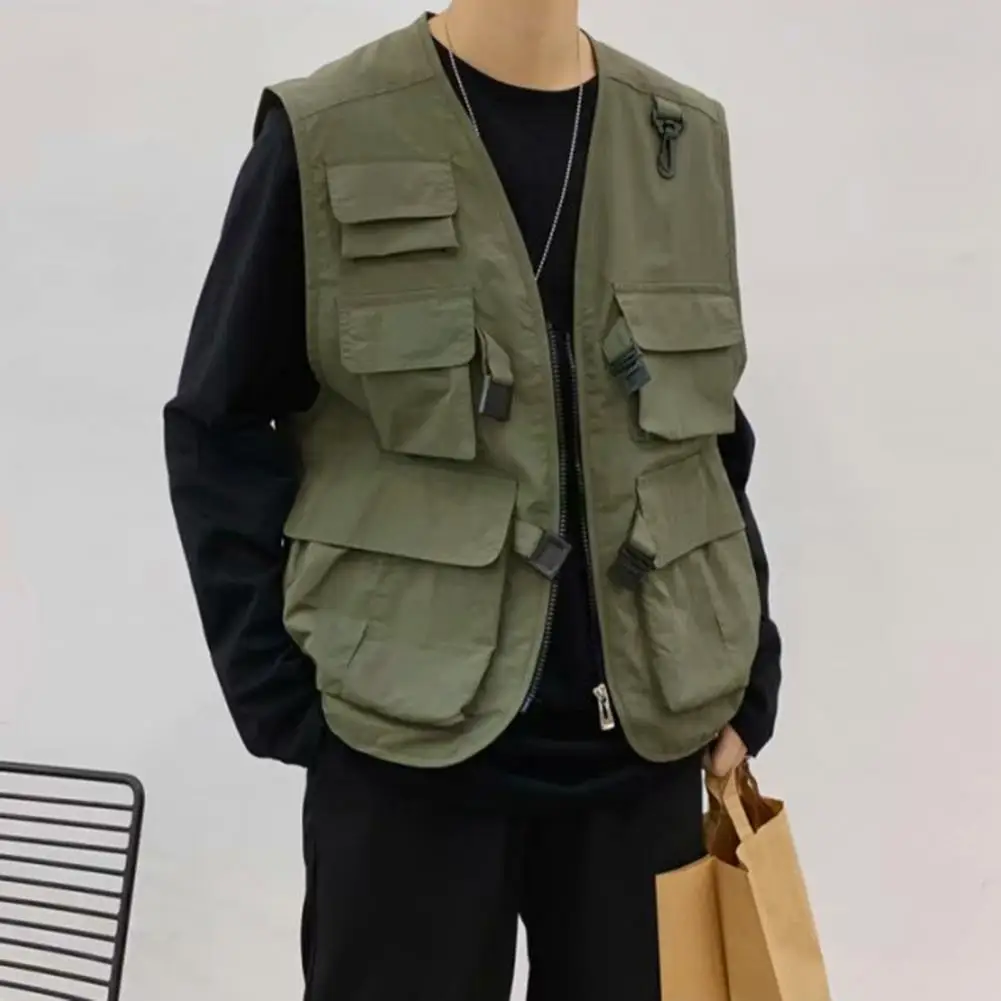 Men Casual Vest Coat V-neck Sleeveless Cargo Vest Multi Pockets Solid Color Zipper Buckle Placket Waistcoat Outerwear Men