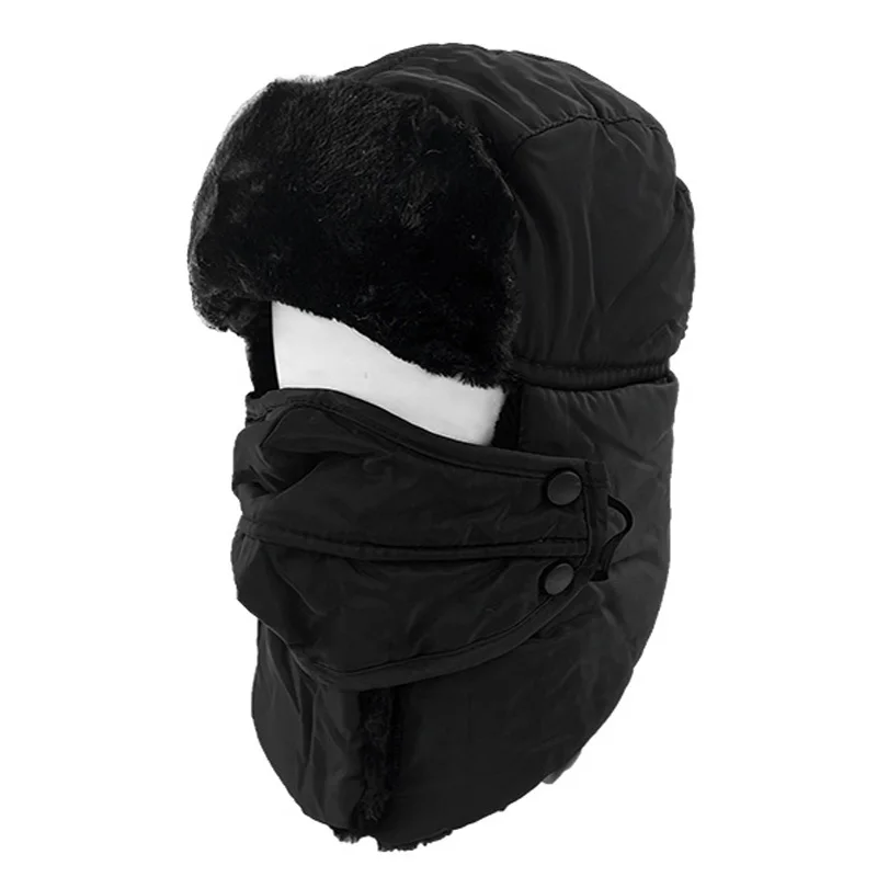 WinterBlackFauxFurBomberHatMenWomensThickLinedSkiTrapper