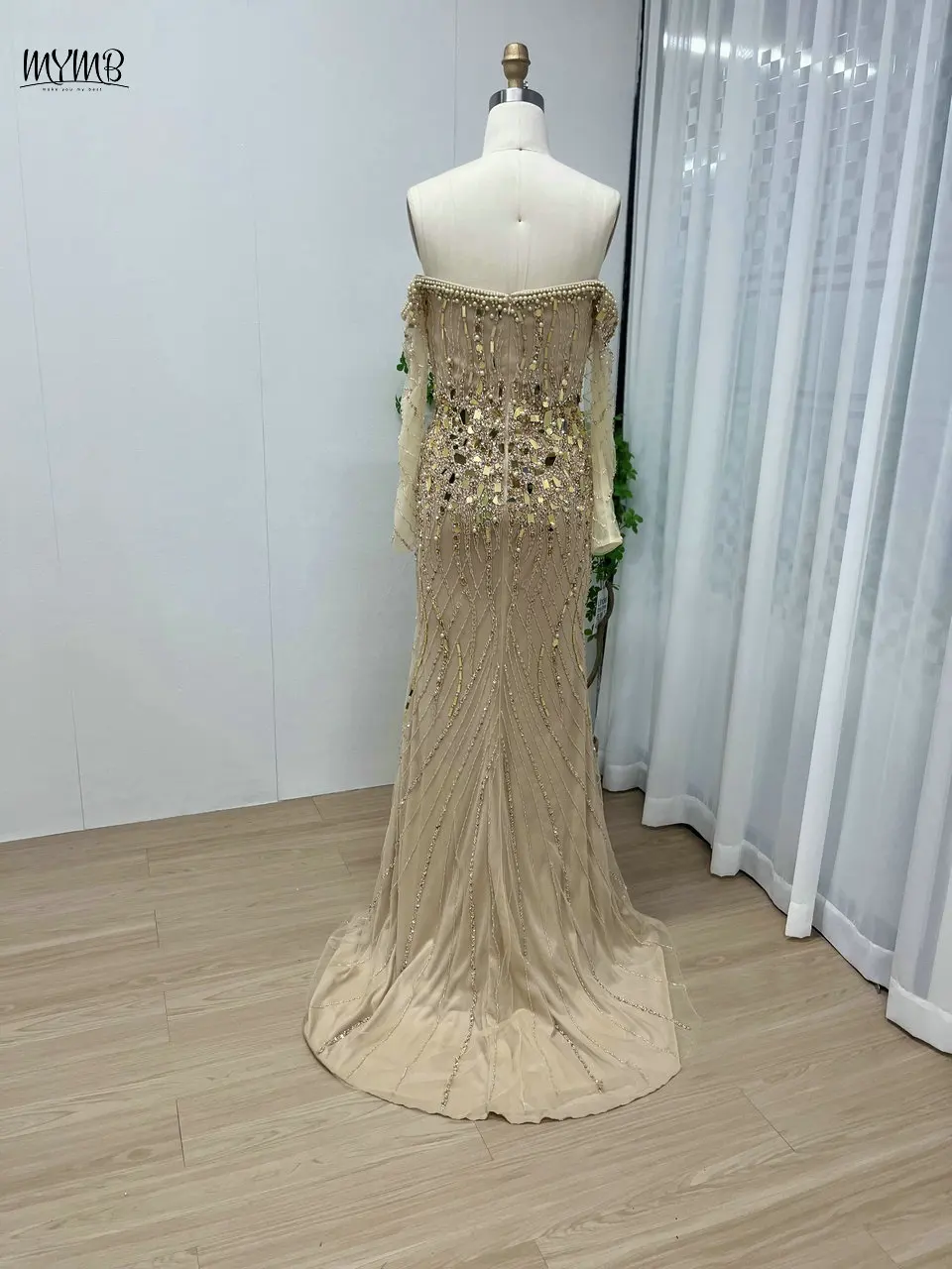 MYMB Gold Off Schulter Luxus Perlen Mantel Abendkleid Arabisch Kristall Langarm Meerjungfrau Formale Kleid für Frauen Hochzeit Party – Detail 12