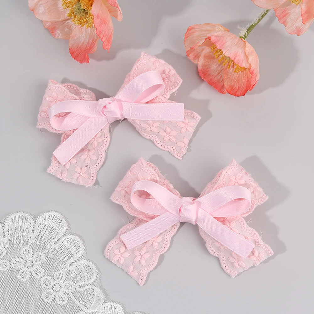 2Pcs/Set Girls Cute Solid Flower Hair Clips White Floral Embroidery Bow Barrette For Children Baby Sweet Headwear Accessories