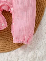 1-18M 2024 Baby Girls Honey Solid Spring/Autumn Pink Cotton Dressy Jumpsuit  With Bow +Hair Band 6
