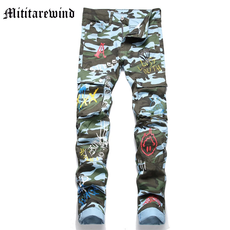 

Men's Jeans Camouflage Tactical Style Pants For Men Slim Clothing Full Length Y2k Print Vibe Four Seasons Trousers High Street