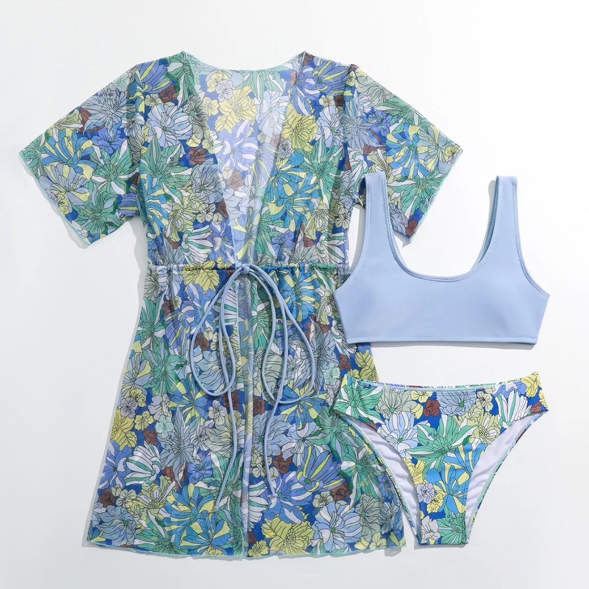 Girls Swimwear Bikini Sets Girls 3pack Floral Print High Waist Bikini Kids Swimsuit&Kimono 8-14 Years Children's Swimwear Teens Bathing Suit Beach