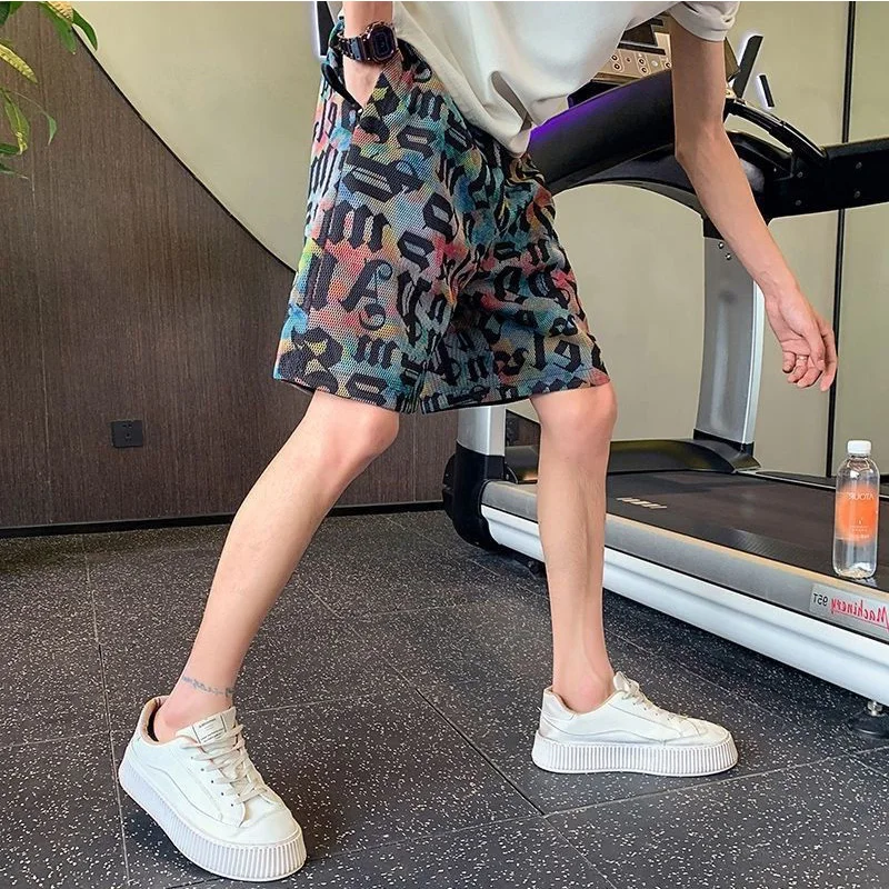 2024 New Summer American Retro Loose Casual Oversized Men's Wear Elegant Fashion Handsome Graffiti Button Drawstring Y2K Shorts