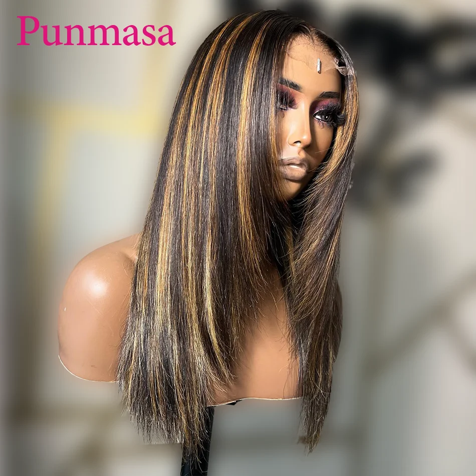 

Punmasa Bone Straight 4/27 Highlight Omber Colored 13x6 Lace Frontal Wigs 5x5/13x4 Transaprent Lace Wig PrePlucked 200%