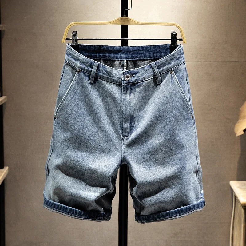 Big Pocket Digital Pasted Denim Shorts Men Summer Scraped Thread End Pure Cotton Slim Fit Fold Stitching Line Broken Hole Zipper