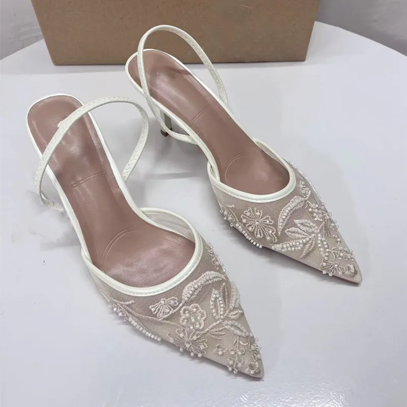 Women Sandals Women High-heel Pumps Embroidered Mesh Open Heel Shoes Fashion Print Stiletto Sexy Pointed End Mules women sandals,women high heels