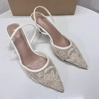 TRAF Woman Embroidered Mesh Open Heel Shoes Fashion Print Stiletto Women High-heel Pumps Sexy Pointed End Woman Sandals Mules 2