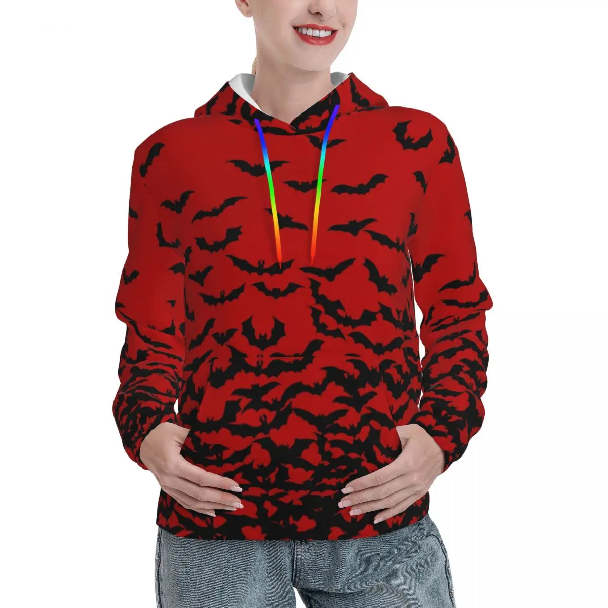 

Just Bats Red Hoodies Autumn Spooky Halloween Casual Hooded Sweatshirts Women Harajuku Pattern Oversize Pullover Hoodie