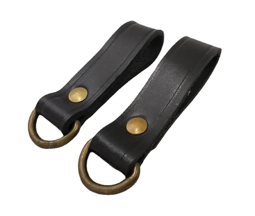 PAIR WW2 OF GERMAN ARMY BELT LOOP STRAPS LOOP BLACK LEATHER D-RING D RINGS