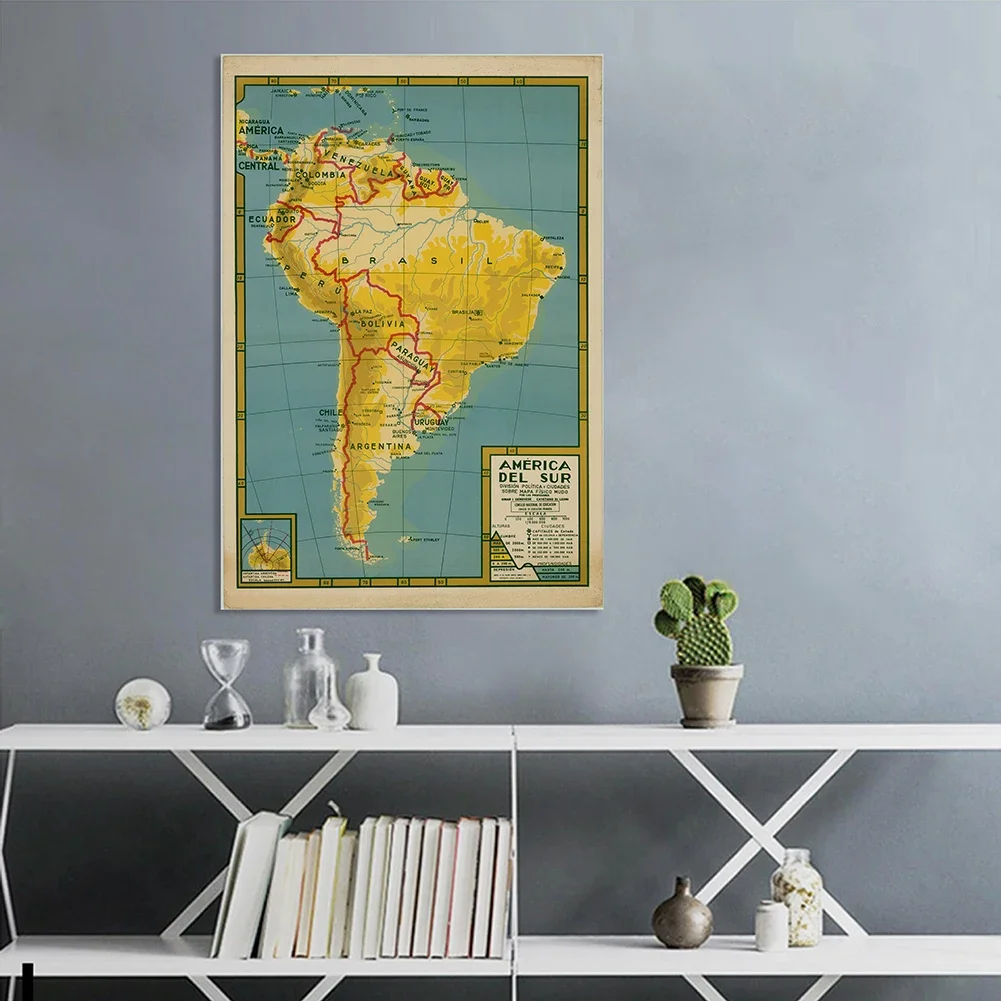 100*150cm Political Map of South America in Spanish Vintage Poster Spray Canvas Painting Home Decor School Supplies