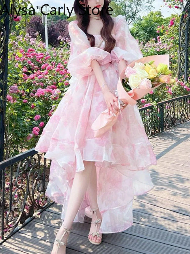 Vintage Floral Sweet Midi Dress Women Irregular Elegant Puff